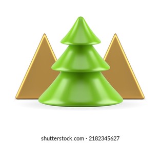 Green glossy Christmas tree with metallic golden triangle pyramid geometric shape realistic 3d icon vector illustration. Bright Xmas spruce traditional winter festive holiday congrats composition