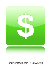 Green glossy dollar button on white