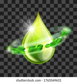 Gota brillante verde con hojas verdes, diseño conceptual ambiental. Ilustración vectorial de la gota de biodiesel, gasolina, aceite, símbolo de líquidos naturales. Concepto de biocombustible