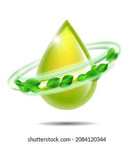 Green glossy drop with green leaves, environment conceptual design. Vector illustration of biodiesel droplet, petrol, oil, natural liquids symbol. Biofuel concept