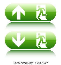 Green  glossy emergency exit sign with arrow up and down on white background