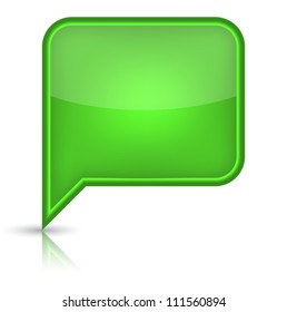 Green glossy empty speech bubble web button icon. Rounded rectangle shape with black shadow and reflection on white background.