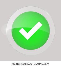 Green glossy glass button with white checkmark, vector illustration EPS10