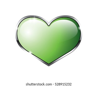 Green glossy heart in a silver frame. Vector illustration, on transparent background, with space for your text. 