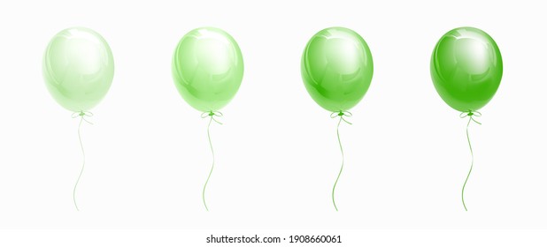 Green glossy helium balloons isolated on white. Set of ballons of different saturation. Decorations for holiday, birthday, anniversary, celebration. Realistic 3d vector illustration