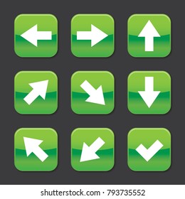 Green glossy icon buttons with white arrows, different directions, rounded square shape with shadow, vector, isolated on dark background
