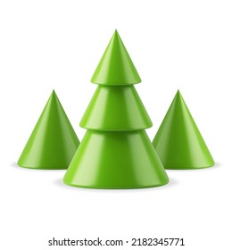 Green glossy minimalist geometric Christmas tree forest winter holiday traditional festive elements realistic 3d icon vector illustration. Decor spruce bauble triangle cone pyramid Xmas decor design