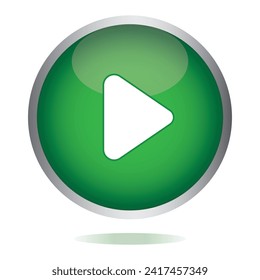 Green glossy play button. Green shiny play button sign Vector illustration isolated on a white background. Media, web and play symbol logo design, Digital Video Logo Design Template.