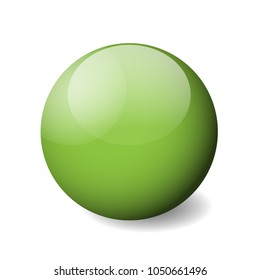 Green glossy sphere, ball or orb. 3D vector object with dropped shadow on white background.