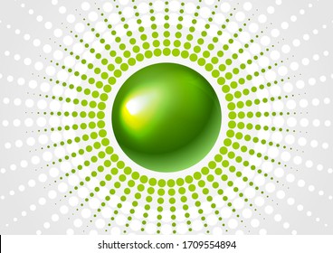 Green glossy sphere and halftone abstract design. Corporate vector background