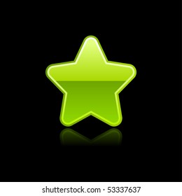 Green glossy star icon web button with reflection. Black background. Vector illustration