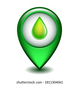 Green Glossy Style Map Pointer With Green fuel drop. Business and Service Concept of Petrol Station, Petroleum Station, Filling Station or Gas Station Sign