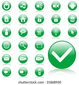 Green glossy vector media icon set