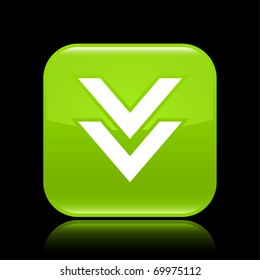 Green glossy web 2.0 button with download sign. Rounded square shape with reflection on black background