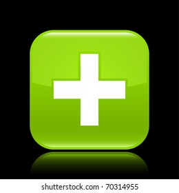 Green glossy web 2.0 button with cross sign. Rounded square shape with reflection on black background