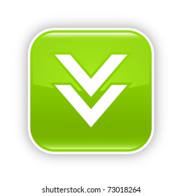 Green glossy web 2.0 button with download icon. Rounded square sticker with shadow on white. 10 eps