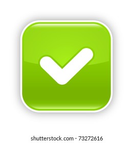 Green glossy web 2.0 button with check mark sign. Rounded square sticker with shadow on white. 10 eps