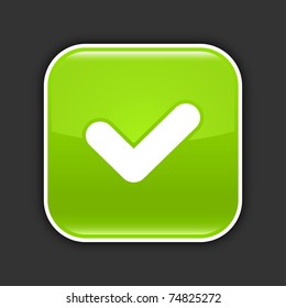 Green glossy web 2.0 button with check mark sign. Rounded square sticker with drop shadow on gray. 10 eps