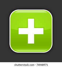 Green Glossy Web 2.0 Icon With Plus Sign. Rounded Square Button With Shadow On Gray. 10 Eps