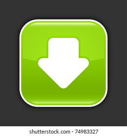 Green glossy web 2.0 icon with download arrow sign. Rounded square button with shadow on gray. 10 eps
