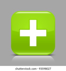 Green glossy web button with addition sign. Rounded square shape icon with black shadow and light reflection on gray background. This illustration saved in 8 eps. See more buttons in my gallery