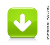 Green glossy web button with arrow download sign. Rounded square shape icon with shadow and reflection on white background. This vector illustration created and saved in 8 eps