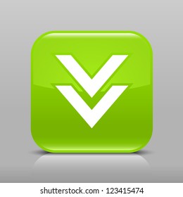 Green glossy web button with arrow download sign. Rounded square shape icon with shadow and reflection on light gray background. This vector illustration web design element saved in 8 eps