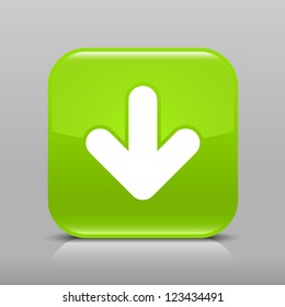 Green glossy web button with arrow download sign. Rounded square shape icon with shadow and reflection on light gray background. This vector illustration web design element saved in 8 eps