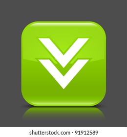 Green glossy web button with arrow download sign. Rounded square shape icon with black shadow and colored reflection on dark gray background. This vector illustration created and saved in 8 eps