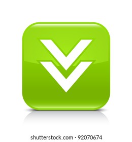 Green glossy web button with arrow download sign. Rounded square shape icon with shadow and reflection on white background. This vector illustration created and saved in 8 eps