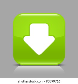 Green glossy web button with arrow download sign. Rounded square shape icon with black shadow and light reflection on gray background. This vector saved in 8 eps. See more buttons in my gallery