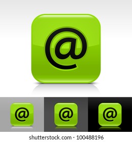 Green glossy web button with black at sign. Rounded square shape icon with shadow and reflection on white, gray, and black background. Vector 8 eps.