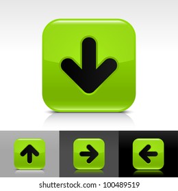 Green glossy web button with black arrow download sign. Rounded square shape icon with shadow, reflection on white, gray, black background. Vector 8 eps.