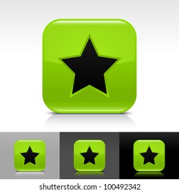 Green glossy web button with black star sign. Rounded square shape icon with shadow and reflection on white, gray, and black background. Vector 8 eps.