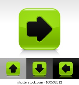Green glossy web button with black arrow sign. Rounded square shape icon with shadow and reflection on white, gray, and black background. Vector 8 eps.