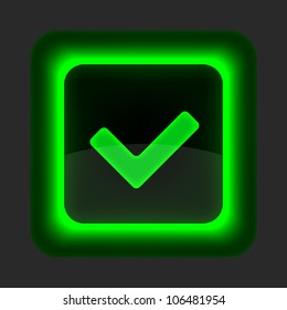 Green glossy web button with check mark sign. Rounded square shape icon on gray background. 10 eps
