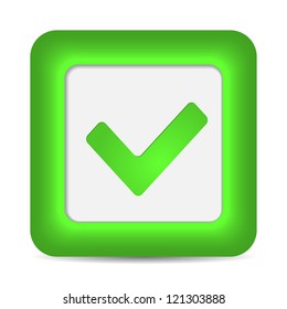 Green glossy web button with check mark sign. Rounded square shape icon on white background. 10 eps
