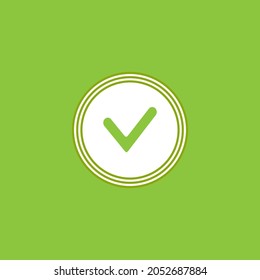 Green glossy web button with check mark sign. Rounded square shape icon with shadow and reflection on white background. This vector illustration created and saved in 10 eps