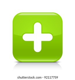 Green glossy web button with plus sign. Rounded square shape icon with shadow and reflection on white background. This vector illustration created and saved in 8 eps