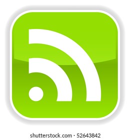 Green glossy web button with rss symbol and shadow on white