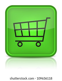 Green glossy web button with shopping cart sign. Rounded square shape icon on white background. 10 eps