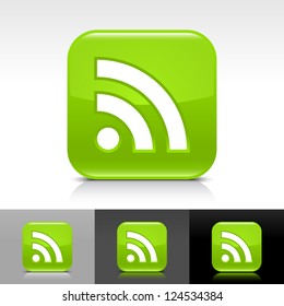 Green glossy web button with white RSS sign. Rounded square shape icon with reflection and shadow on white, gray, black background. Vector illustration design elements in 8 eps