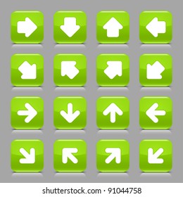 Green glossy web button with white arrow sign. Rounded square shape internet icon with shadow and reflection on light gray background. This vector illustration created and saved in 8 eps