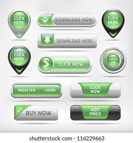 Green Glossy Web Elements Button Set. Vector illustration