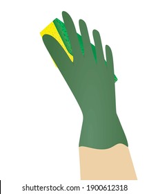Green gloves hold sponge. vector