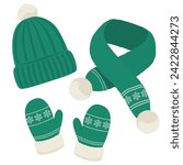 Green gloves, muffler, winter hat