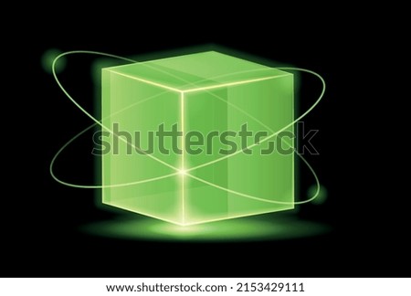 Green glow block. Fantasy and magic, witchcraft, graphic elements for games. Futuristic images and glitter, geometric figure, poster or banner for website. Realistic isometric vector illustration