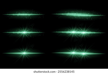 Green glow effects set. Radiant light streaks, sparkling particles, bright starbursts, warm illumination, abstract lighting design, decorative energy beams, vibrant modern visuals