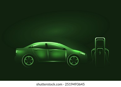Green glow electric car silhouette, charging on the station. Green neon glowing EV vehicle filling up a battery. Modern hybrid car.