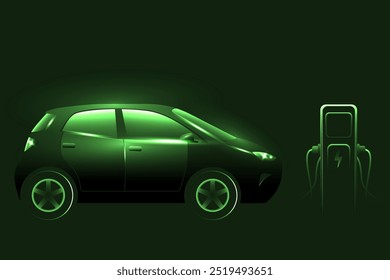 Green glow electric car silhouette, charging on the station. Green neon glowing EV vehicle filling up a battery. Modern hybrid car.